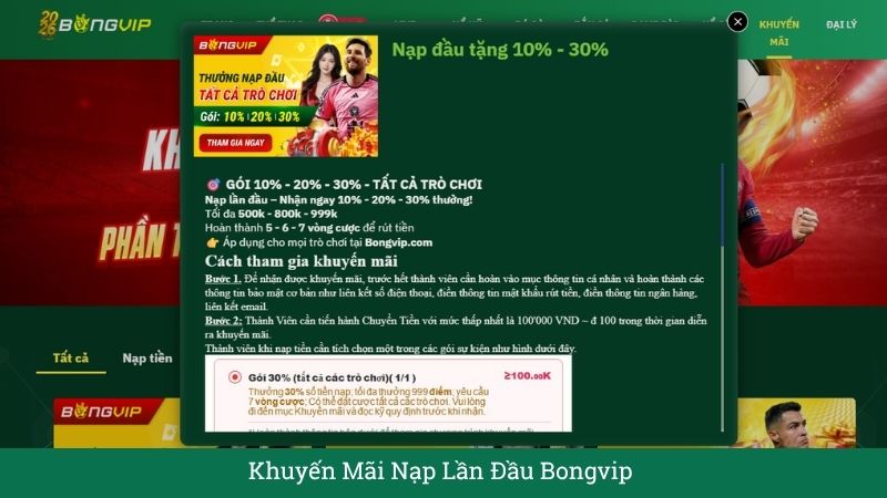 Khuyến Mãi Nạp Lần Đầu Bongvip – Nhận Ngay Thưởng 10% Đến 30% Dành Cho Tân Thủ